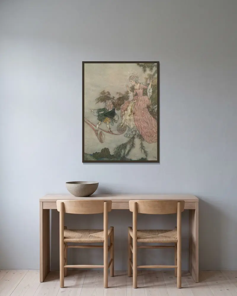 Ein Zwerg, der Siebenmeilenstiefel besaß von Edmund Dulac gerahmt an einer Wand