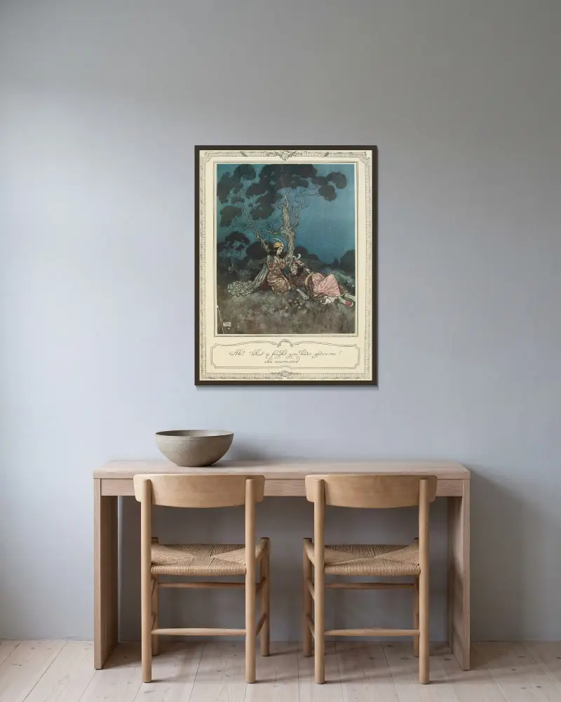 Ah, vad du skrämde mig! mumlade hon av Edmund Dulac inramad på en vägg