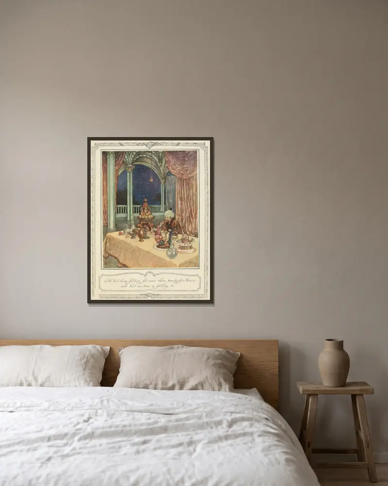 Han hade fastat i mer än tjugofyra timmar och förlorade ingen tid med att hugga in av Edmund Dulac inramad på en vägg