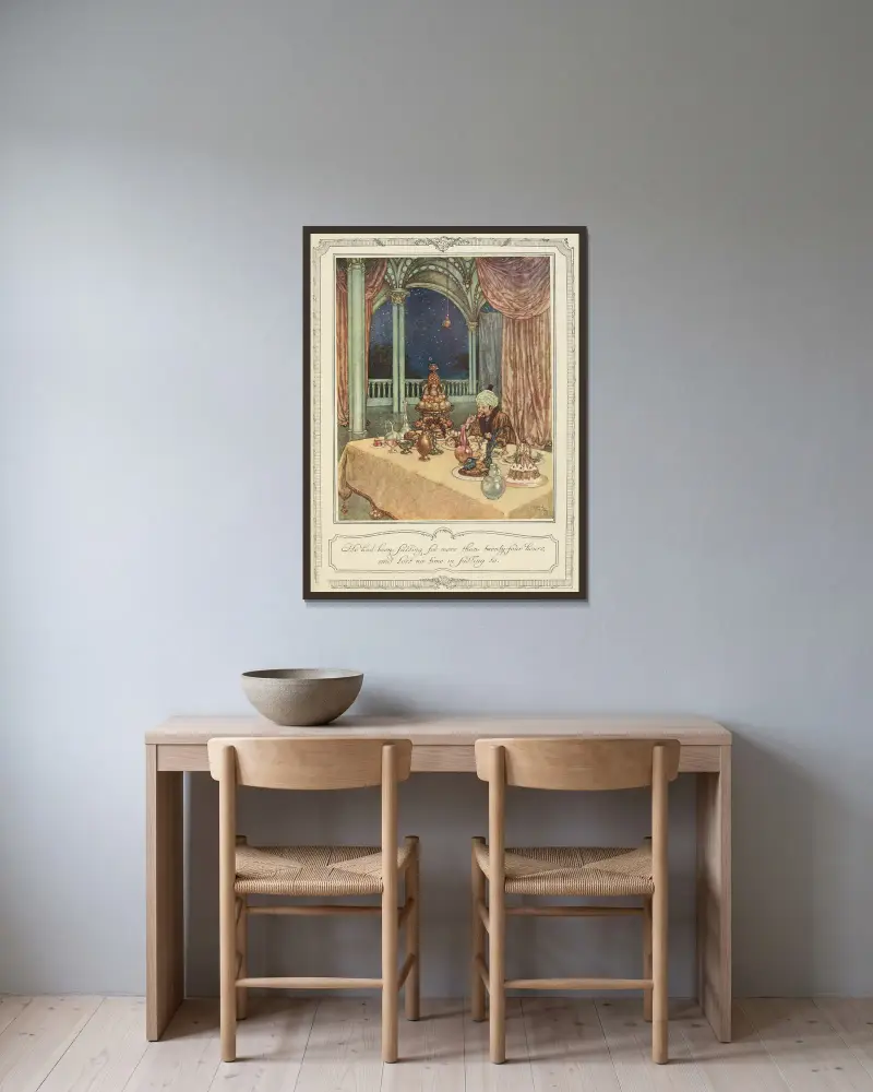 Han hade fastat i mer än tjugofyra timmar och förlorade ingen tid med att hugga in av Edmund Dulac inramad på en vägg