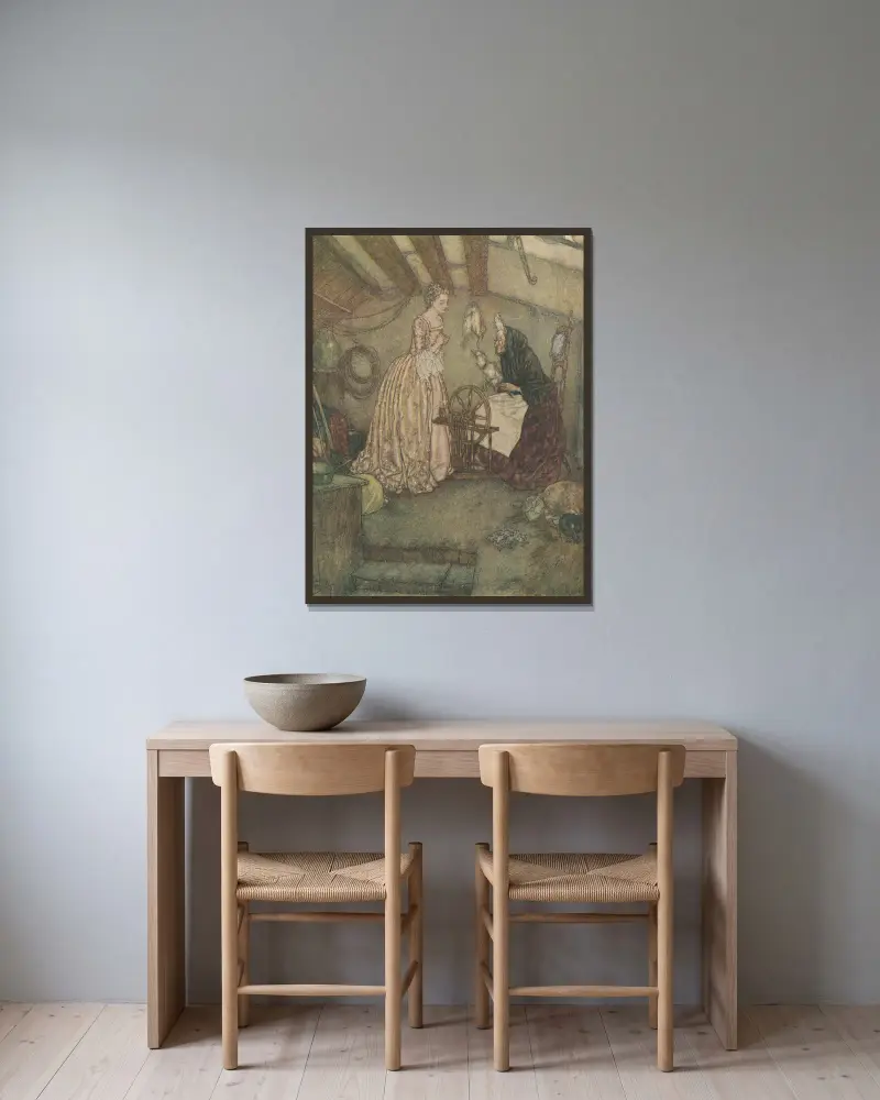 Törnrosa ser en gammal kvinna spinna av Edmund Dulac inramad på en vägg