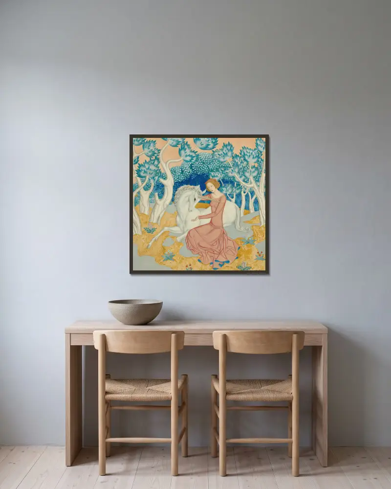 Jungfrun och enhörningen av Edmund Dulac inramad på en vägg
