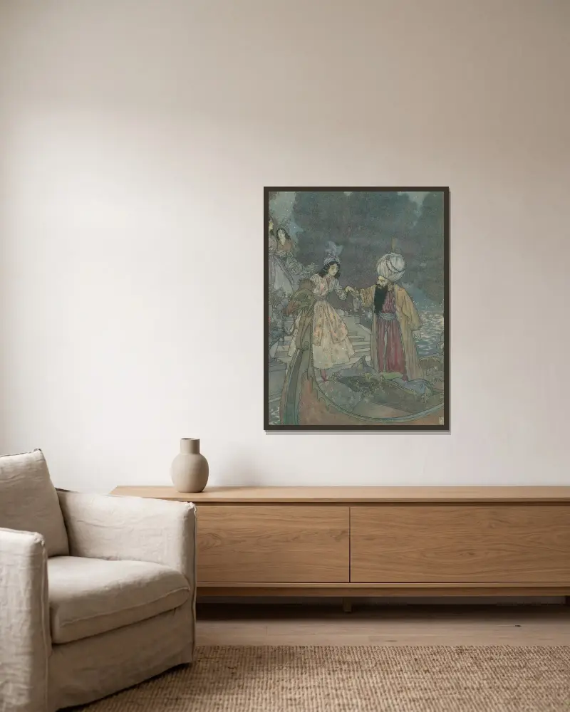 De roddes till musik på deras värds privata kanals vatten av Edmund Dulac inramad på en vägg