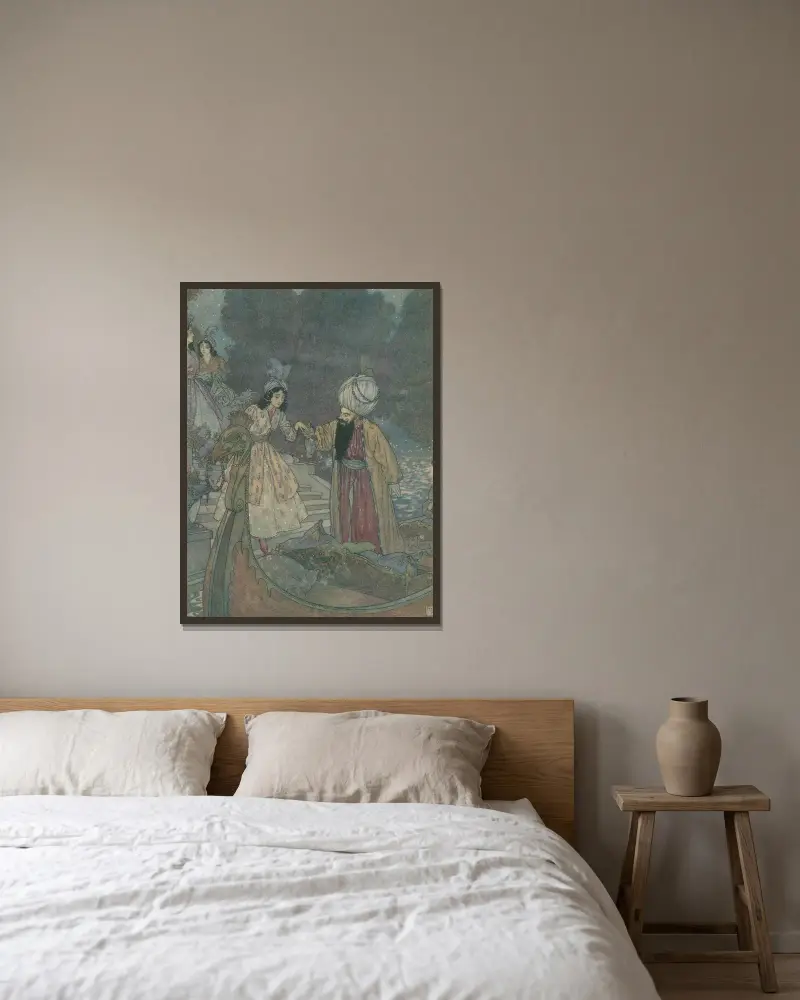 De roddes till musik på deras värds privata kanals vatten av Edmund Dulac inramad på en vägg