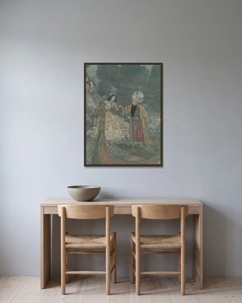 De roddes till musik på deras värds privata kanals vatten av Edmund Dulac inramad på en vägg
