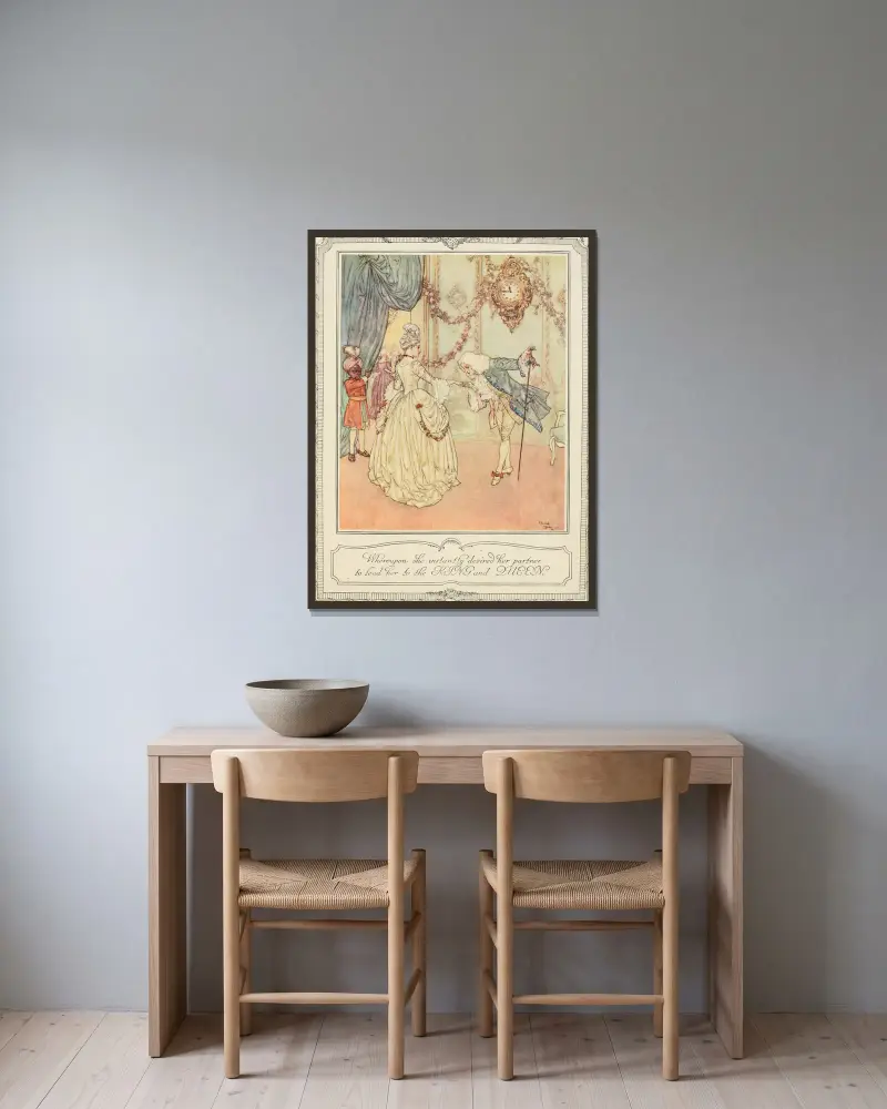 Worauf sie sogleich ihren Begleiter bat, sie zum König und zur Königin zu führen von Edmund Dulac gerahmt an einer Wand