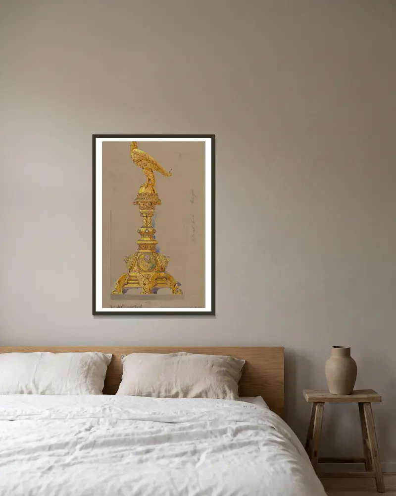 Design utförd för Jones and Willis, metall- och träarbetare och kyrkomöbeltillverkare i Birmingham och London – nr 16 av George Edmund Street inramad på en vägg