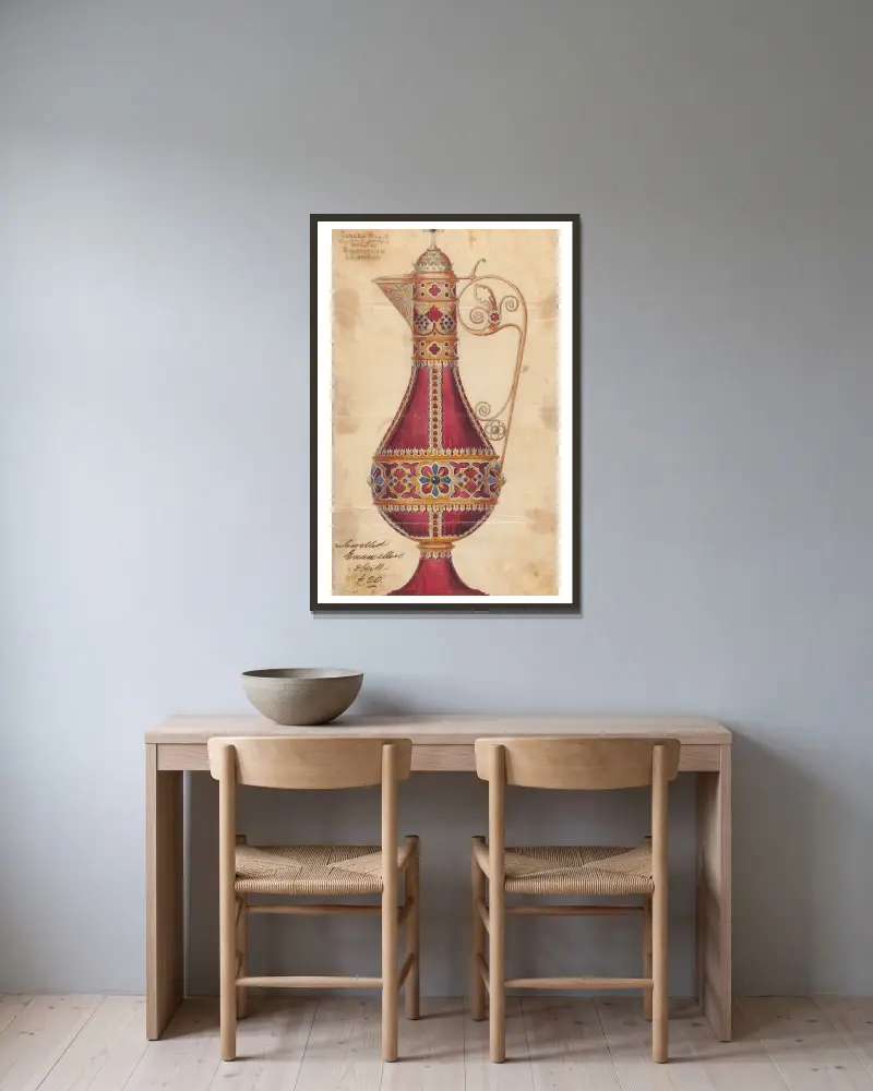 Design utförd för Jones and Willis, metall- och träarbetare och kyrkomöbeltillverkare i Birmingham och London – nr 17 av George Edmund Street inramad på en vägg