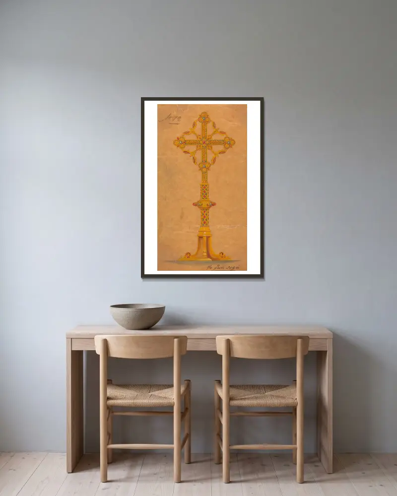 Design utförd för Jones and Willis, metall- och träarbetare och kyrkomöbeltillverkare i Birmingham och London – nr 24 av George Edmund Street inramad på en vägg