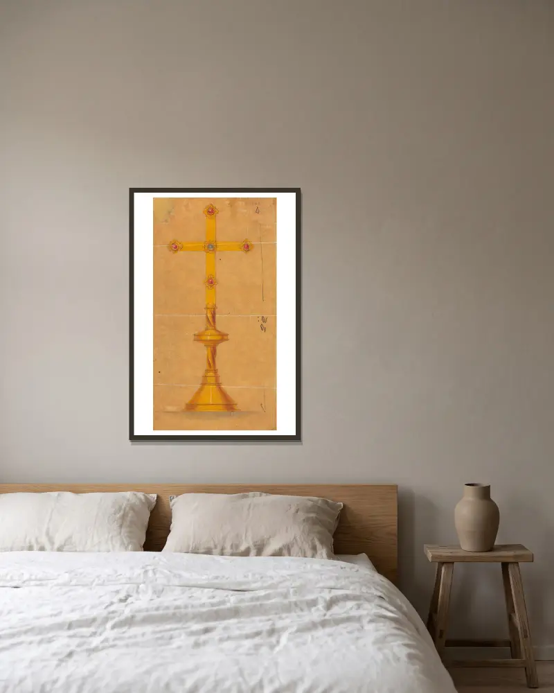 Design utförd för Jones and Willis, metall- och träarbetare och kyrkomöbeltillverkare i Birmingham och London – nr 26 av George Edmund Street inramad på en vägg