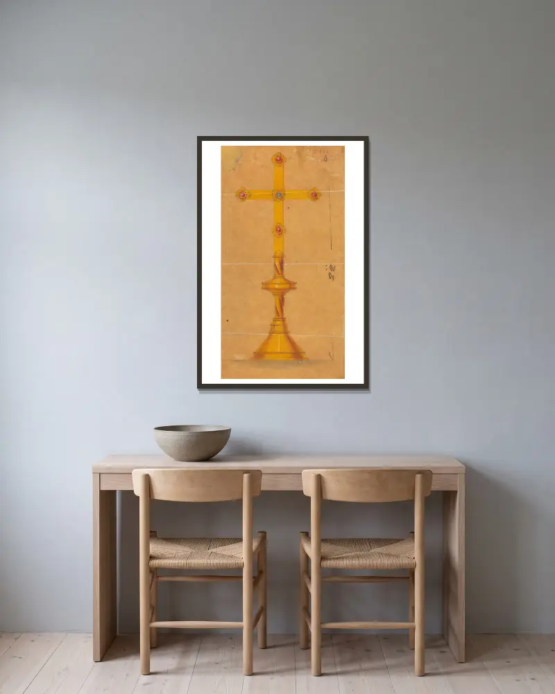 Design utförd för Jones and Willis, metall- och träarbetare och kyrkomöbeltillverkare i Birmingham och London – nr 26 av George Edmund Street inramad på en vägg