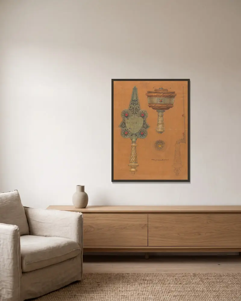 Design utförd för Jones and Willis, metall- och träarbetare och kyrkomöbeltillverkare i Birmingham och London – nr 8 av George Edmund Street inramad på en vägg
