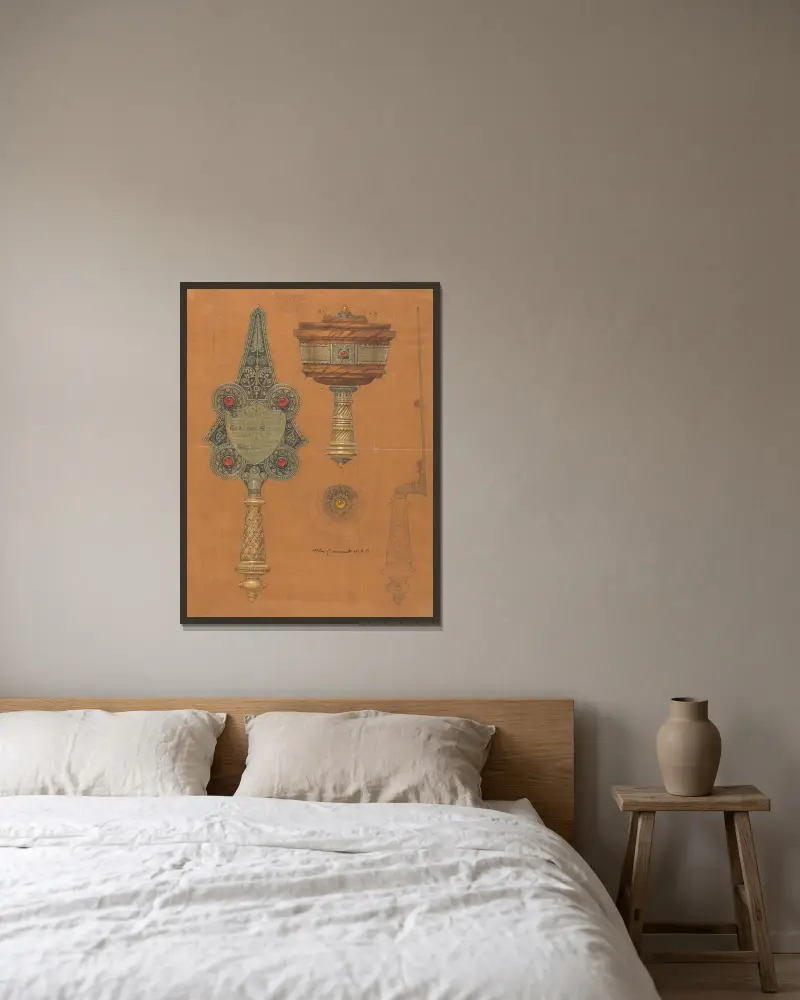 Design utförd för Jones and Willis, metall- och träarbetare och kyrkomöbeltillverkare i Birmingham och London – nr 8 av George Edmund Street inramad på en vägg