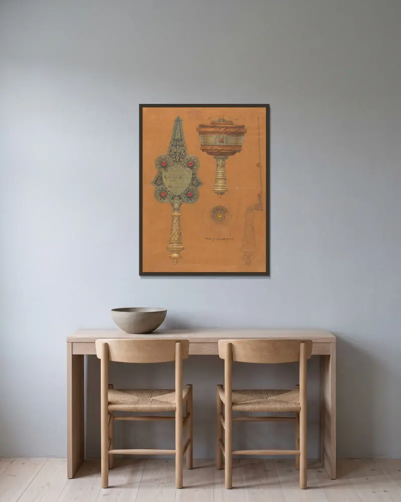 Design utförd för Jones and Willis, metall- och träarbetare och kyrkomöbeltillverkare i Birmingham och London – nr 8 av George Edmund Street inramad på en vägg