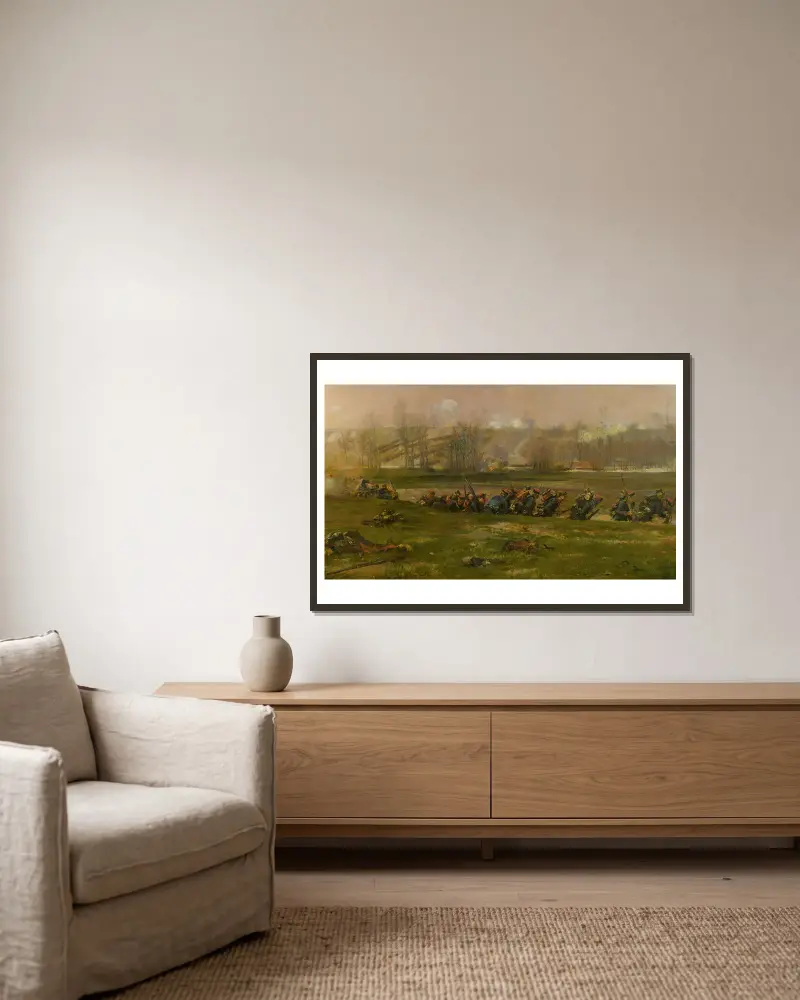 Zur Feuerlinie; ein Fragment aus dem Panorama der Schlacht bei Champigny von Jean-Baptiste Édouard Detaille gerahmt an einer Wand