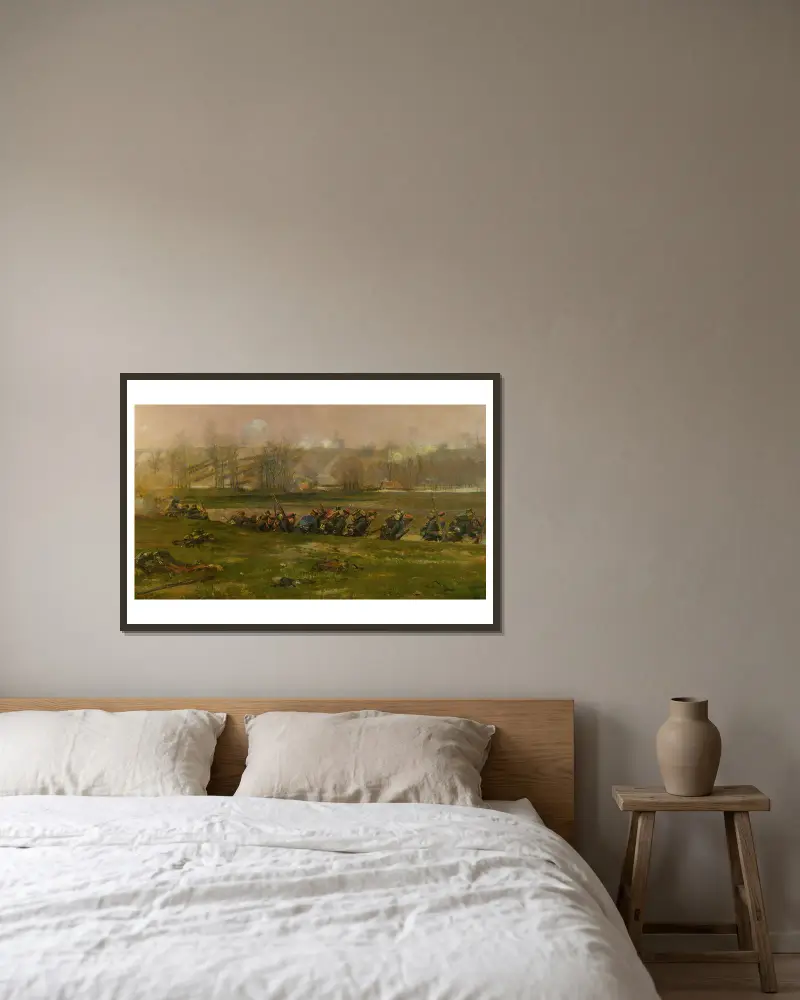 Zur Feuerlinie; ein Fragment aus dem Panorama der Schlacht bei Champigny von Jean-Baptiste Édouard Detaille gerahmt an einer Wand