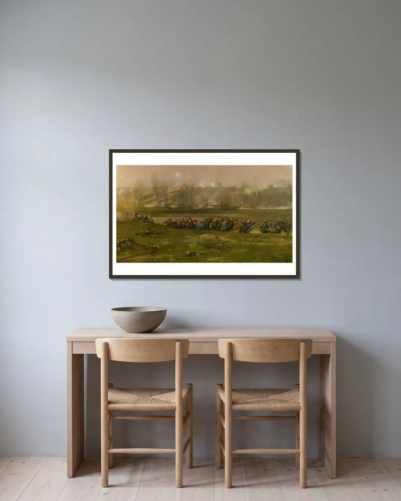 Zur Feuerlinie; ein Fragment aus dem Panorama der Schlacht bei Champigny von Jean-Baptiste Édouard Detaille gerahmt an einer Wand