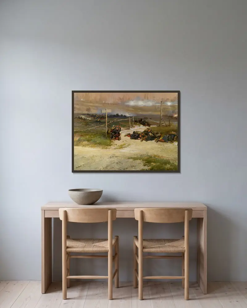 Vid pålen; ett fragment från panoramat över slaget vid Champigny av Jean-Baptiste Édouard Detaille inramad på en vägg
