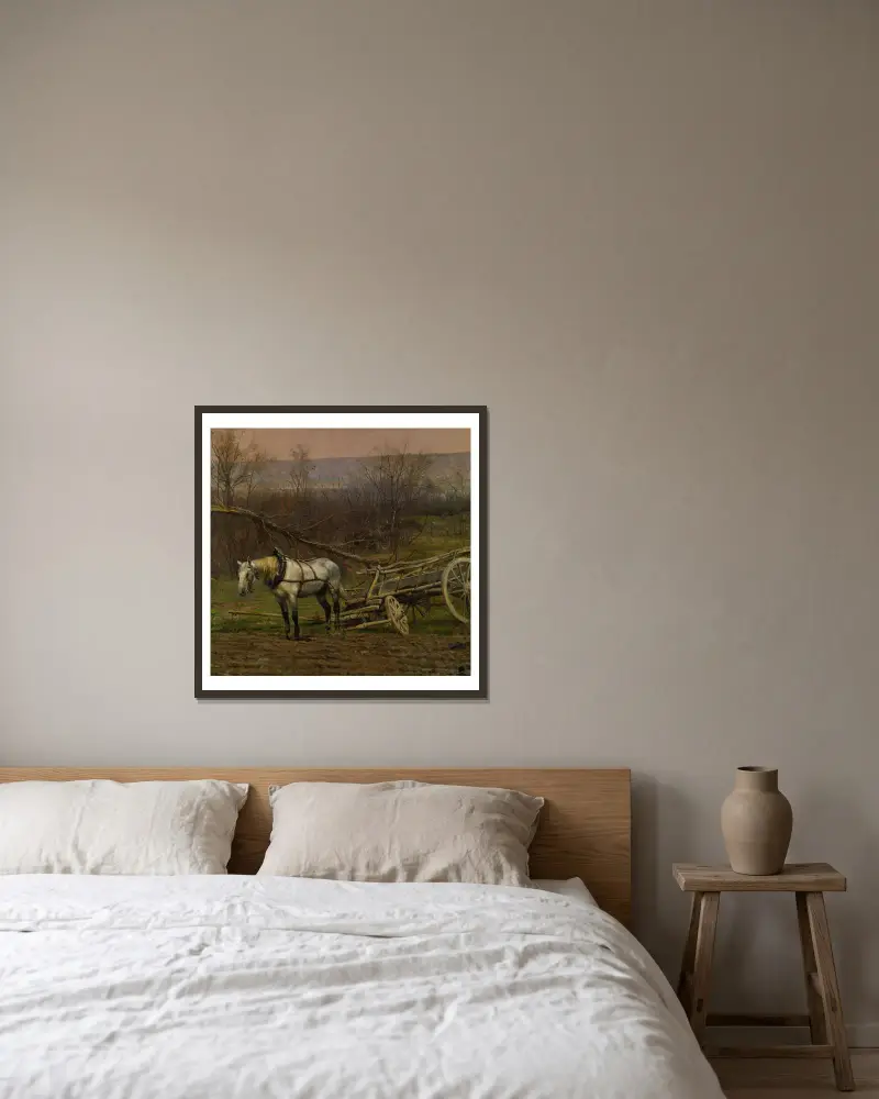 Mit einem weißen Pferd bespannter Karren von Jean-Baptiste Édouard Detaille gerahmt an einer Wand
