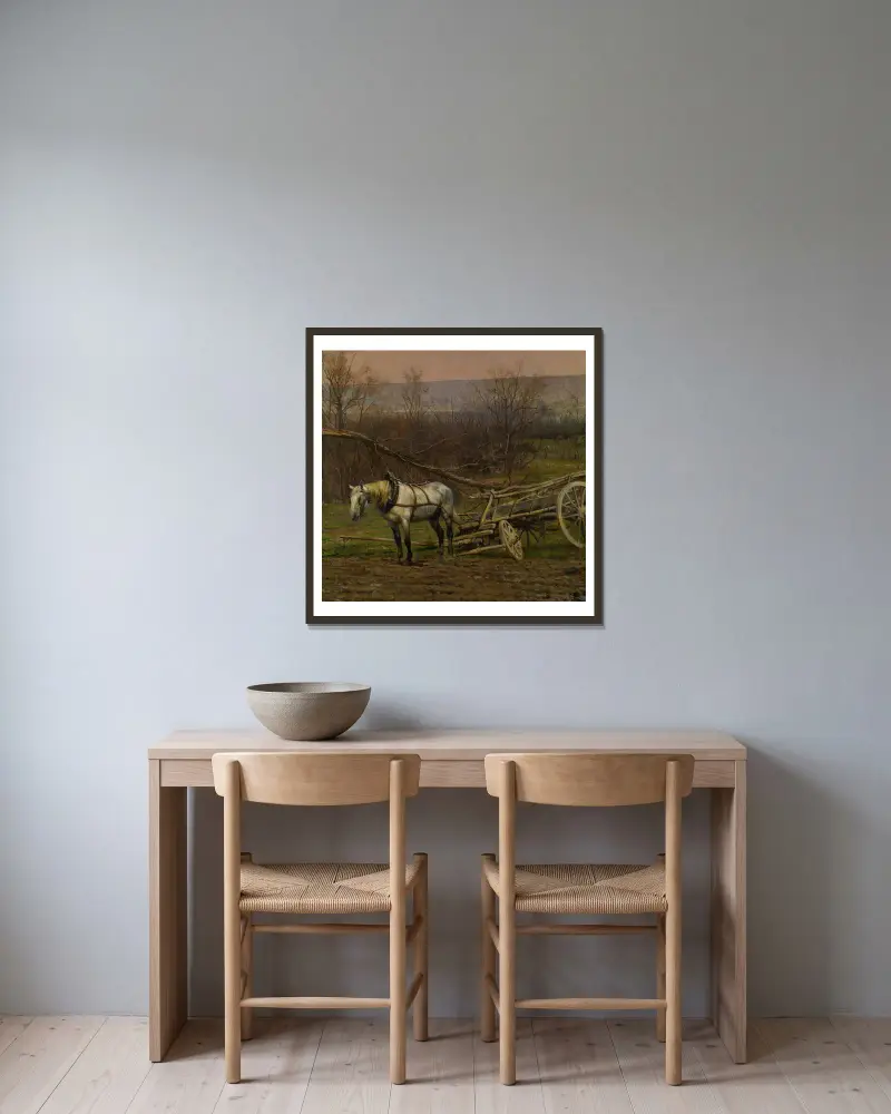 Mit einem weißen Pferd bespannter Karren von Jean-Baptiste Édouard Detaille gerahmt an einer Wand