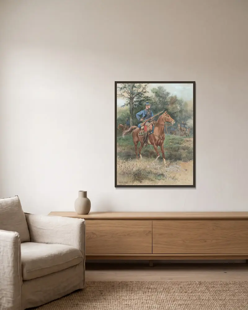 Chasseur à cheval (Soldat zu Pferd) von Jean-Baptiste Édouard Detaille gerahmt an einer Wand