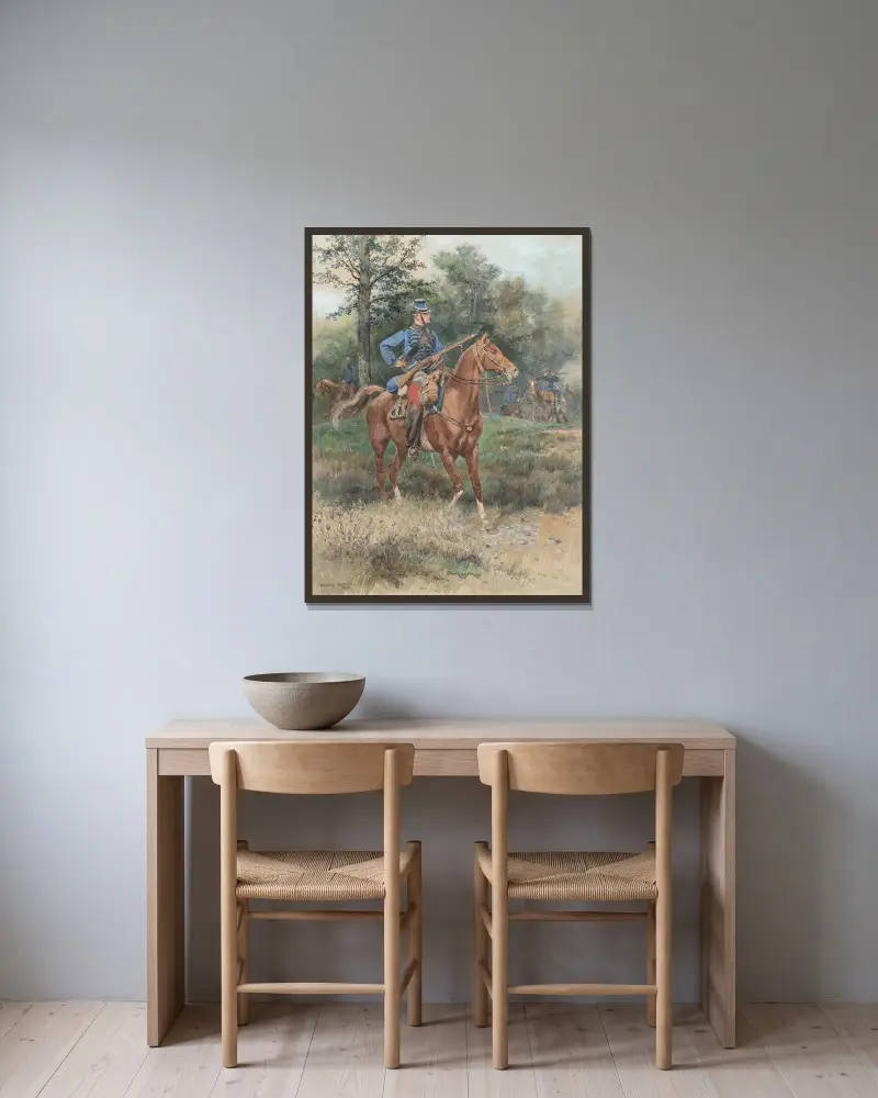 Chasseur à cheval (Soldat zu Pferd) von Jean-Baptiste Édouard Detaille gerahmt an einer Wand
