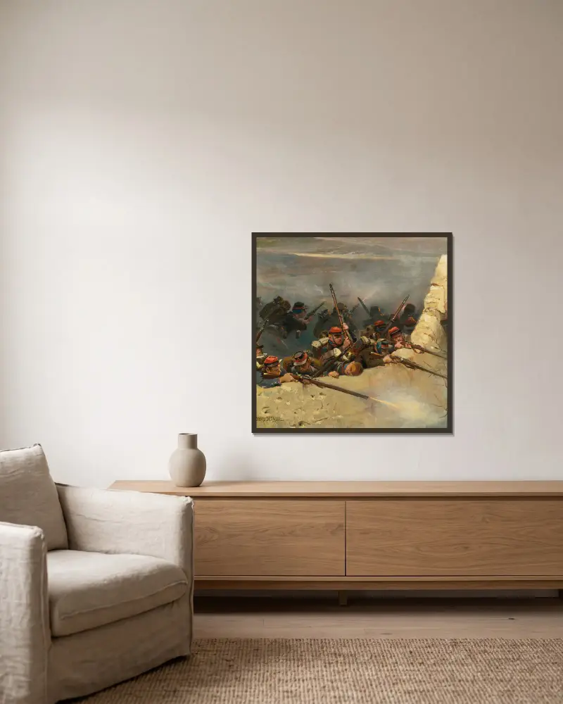 I bakhåll bakom en mur. Linjeinfanterister; ett fragment från panoramat över slaget vid Champigny av Jean-Baptiste Édouard Detaille inramad på en vägg