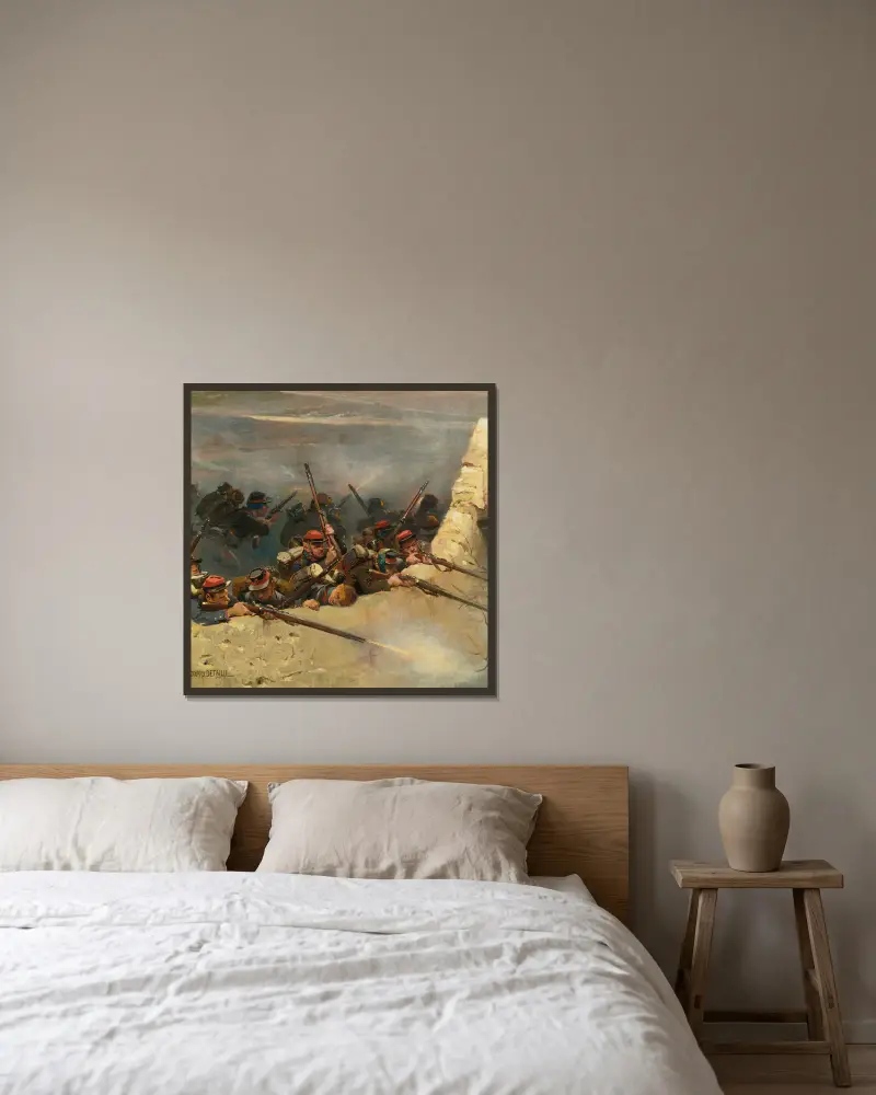 I bakhåll bakom en mur. Linjeinfanterister; ett fragment från panoramat över slaget vid Champigny av Jean-Baptiste Édouard Detaille inramad på en vägg