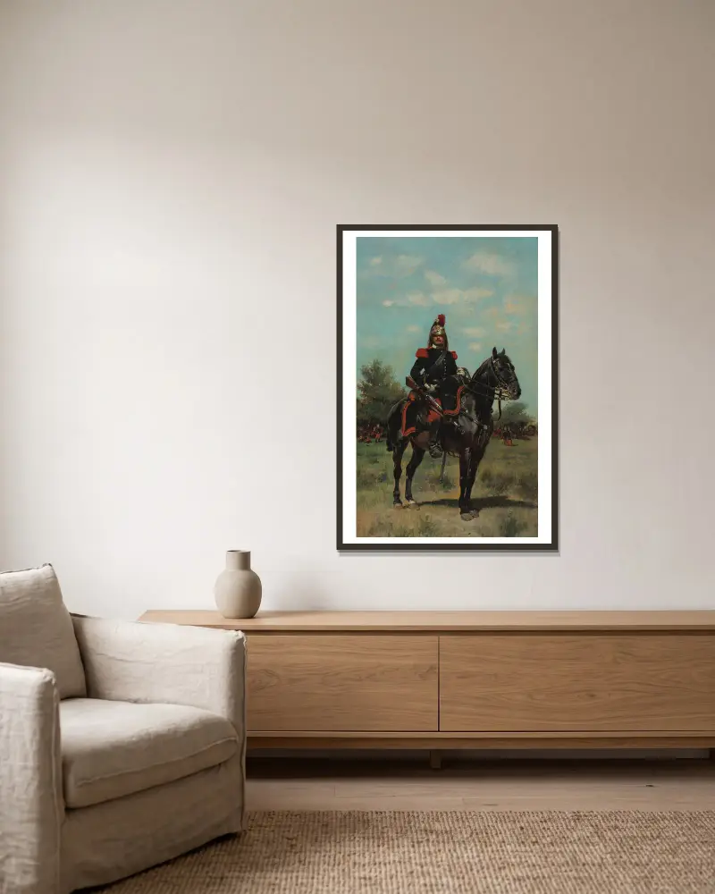 Mounted Dragoon Officer av Jean-Baptiste Édouard Detaille inramad på en vägg