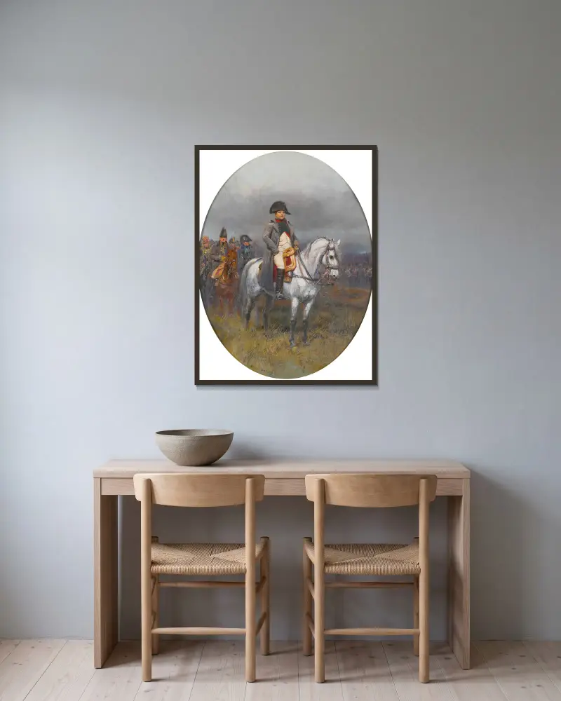 Napoleon On Horseback av Jean-Baptiste Édouard Detaille inramad på en vägg