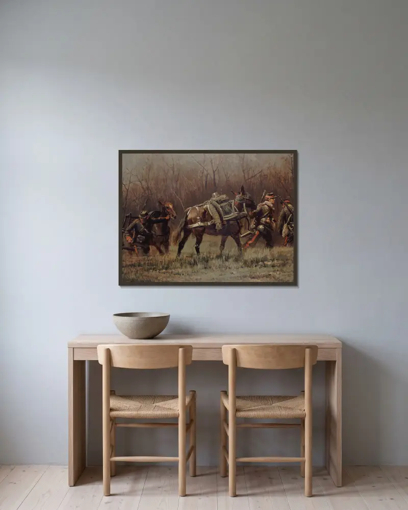 Militärscen; mulåsnor med ambulansfordon (fragment av Champigny-panoramat) av Jean-Baptiste Édouard Detaille inramad på en vägg