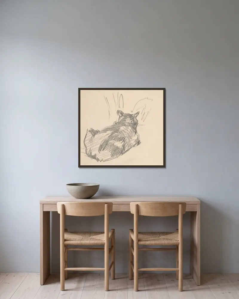 En katt vilande på alla fyra, sedd bakifrån av Édouard Manet inramad på en vägg