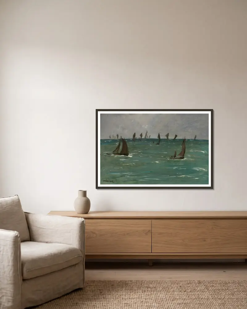 Båtar vid Berck-sur-Mer av Édouard Manet inramad på en vägg