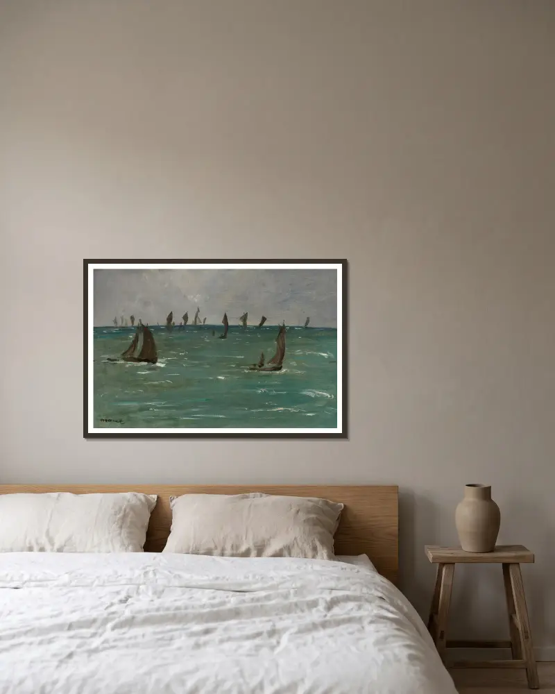 Båtar vid Berck-sur-Mer av Édouard Manet inramad på en vägg