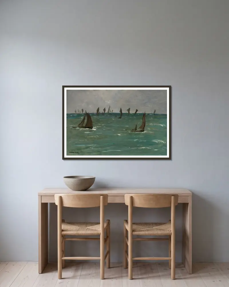 Båtar vid Berck-sur-Mer av Édouard Manet inramad på en vägg