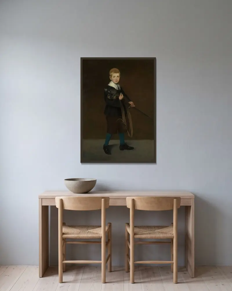 Pojke med svärd av Édouard Manet inramad på en vägg