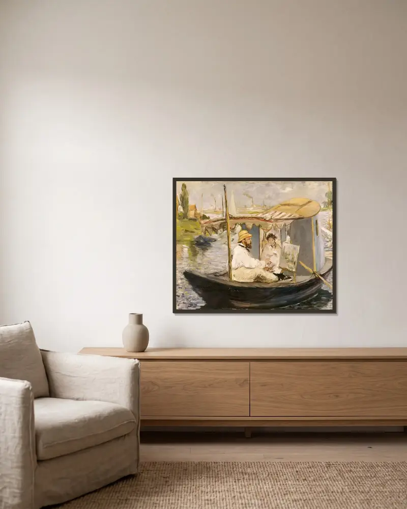 Claude Monet malt in seinem Atelierboot von Édouard Manet gerahmt an einer Wand