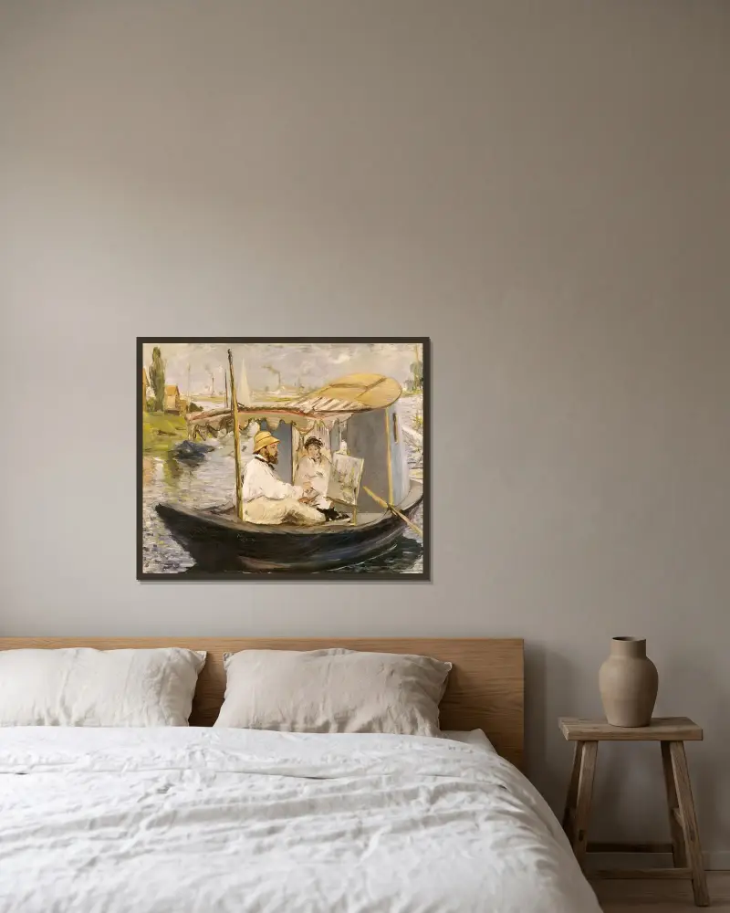 Claude Monet malt in seinem Atelierboot von Édouard Manet gerahmt an einer Wand