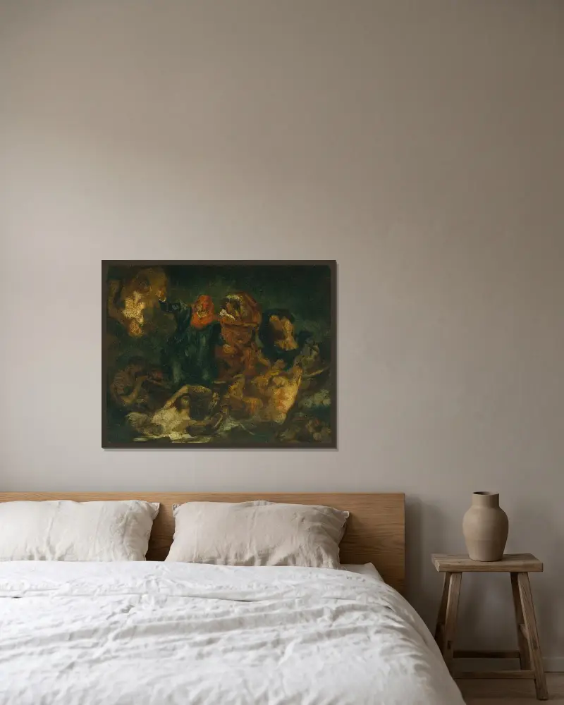 Kopia efter Delacroix 'Dantes bark' av Édouard Manet inramad på en vägg