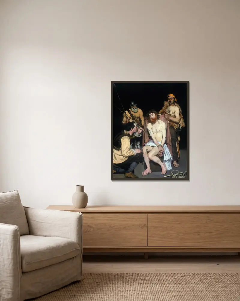 Jesus hånad av soldaterna av Édouard Manet inramad på en vägg