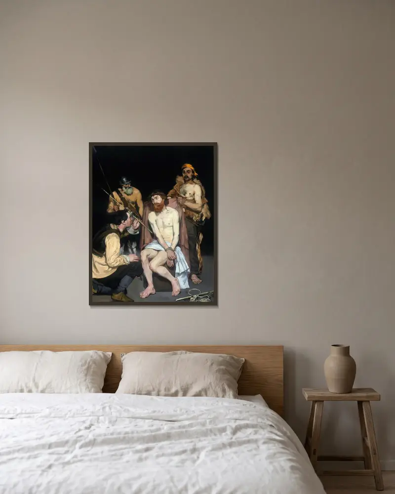 Jesus hånad av soldaterna av Édouard Manet inramad på en vägg