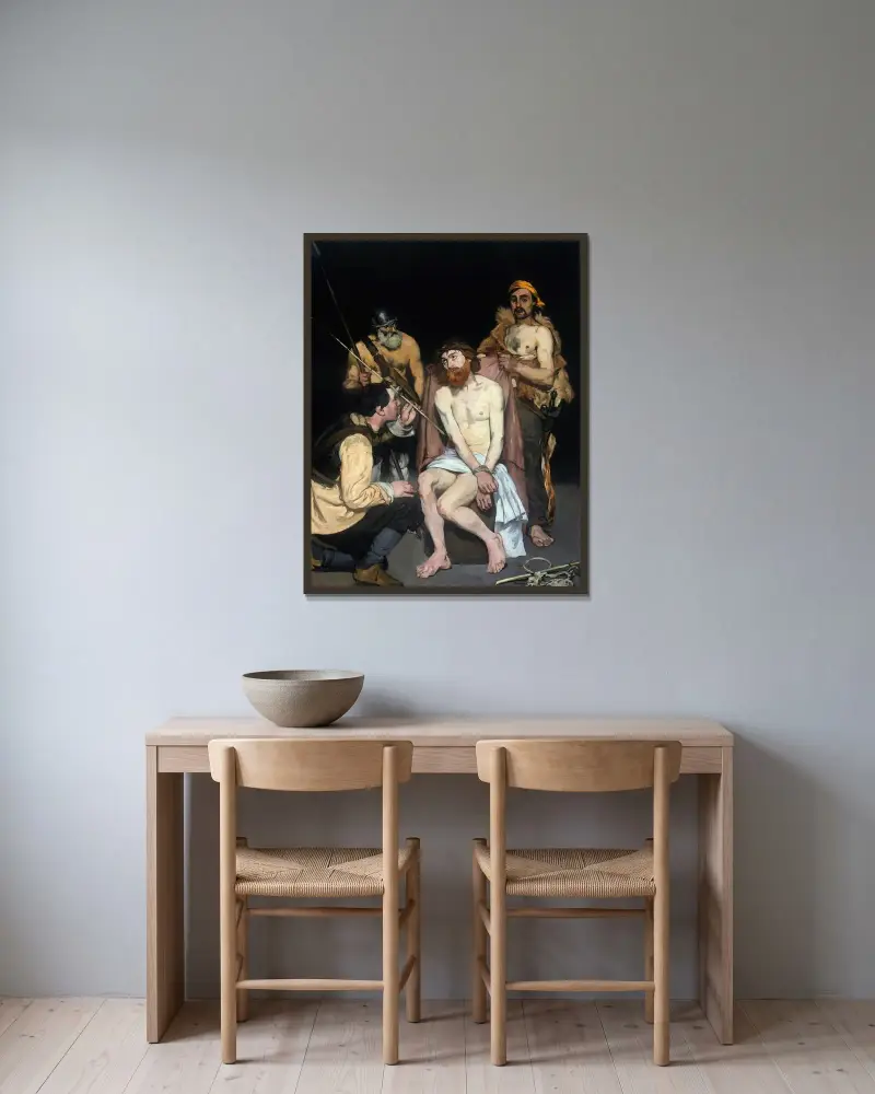 Jesus hånad av soldaterna av Édouard Manet inramad på en vägg