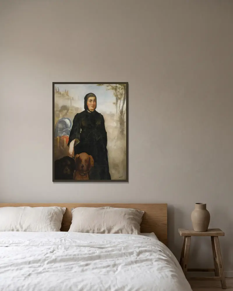 Kvinnan med hundarna av Édouard Manet inramad på en vägg