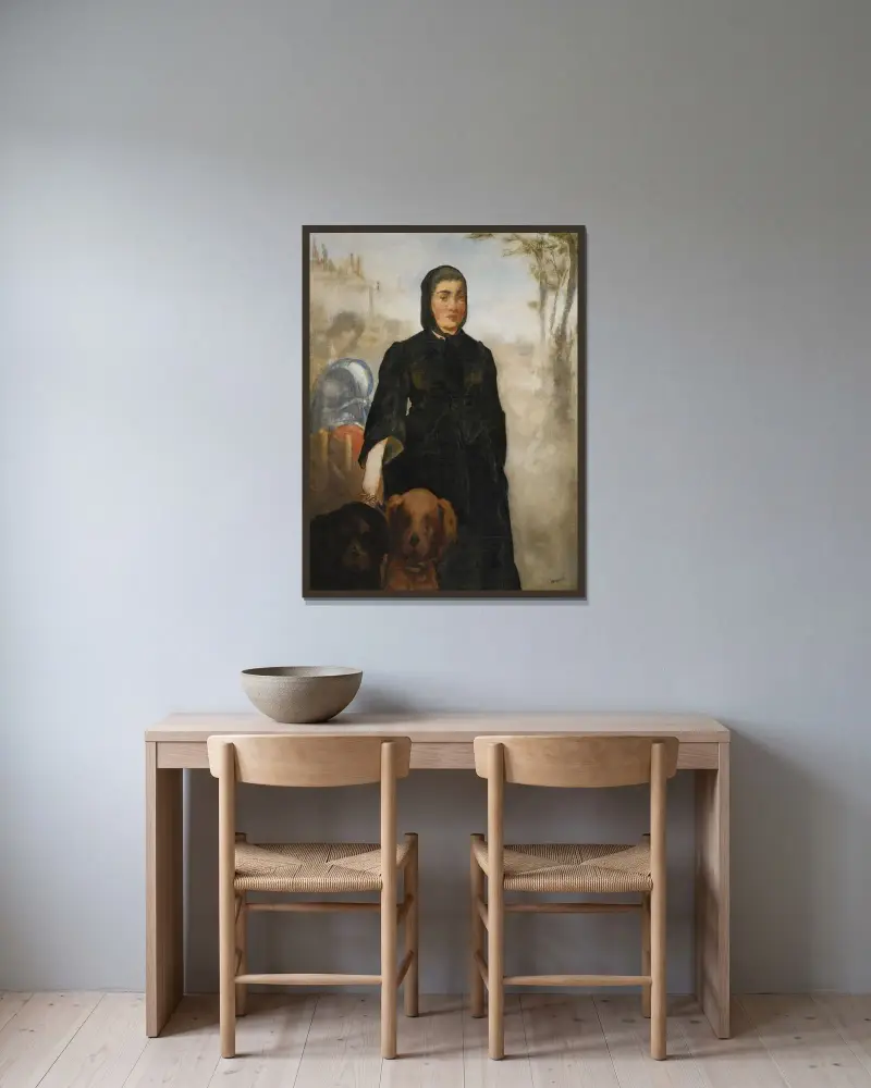 Kvinnan med hundarna av Édouard Manet inramad på en vägg