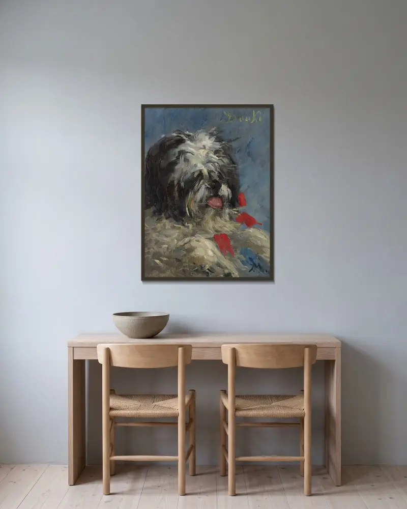 Der Hund 'Donki' von Édouard Manet gerahmt an einer Wand