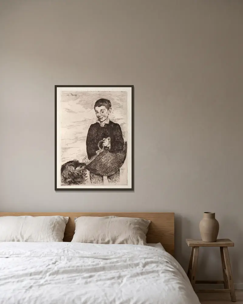Pojken med hunden och korgen av Édouard Manet inramad på en vägg