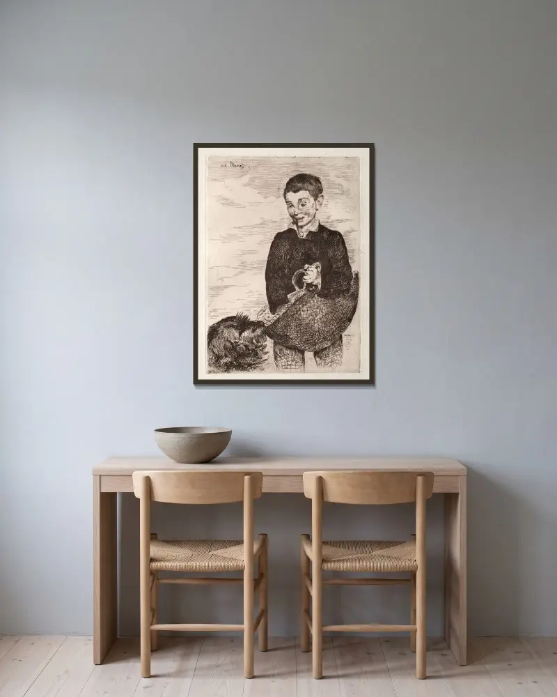 Pojken med hunden och korgen av Édouard Manet inramad på en vägg