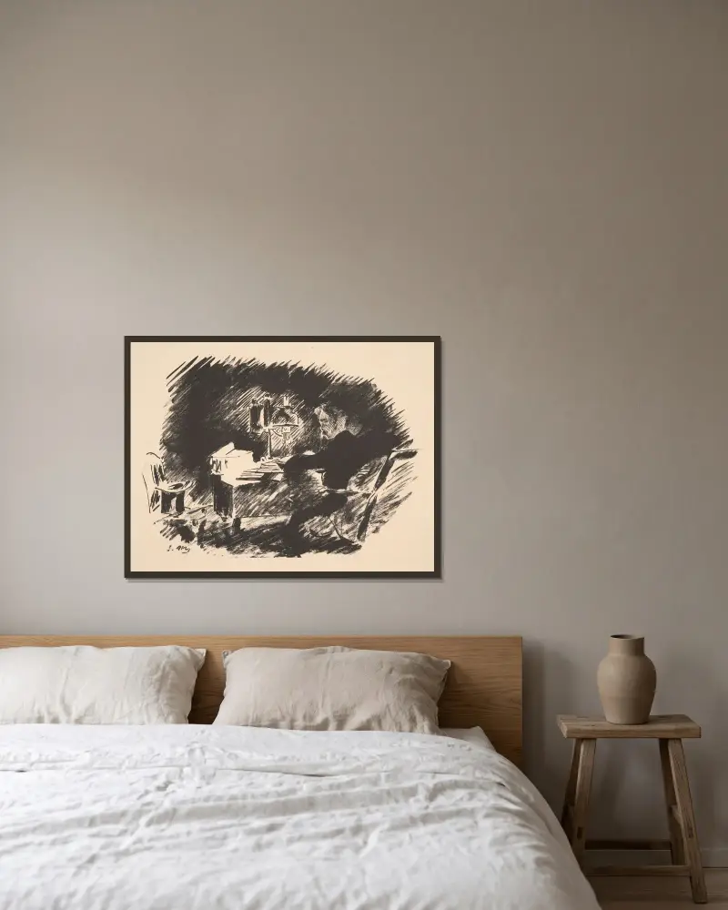 Einst in einer düsteren Mitternacht (unter der Lampe) von Édouard Manet gerahmt an einer Wand