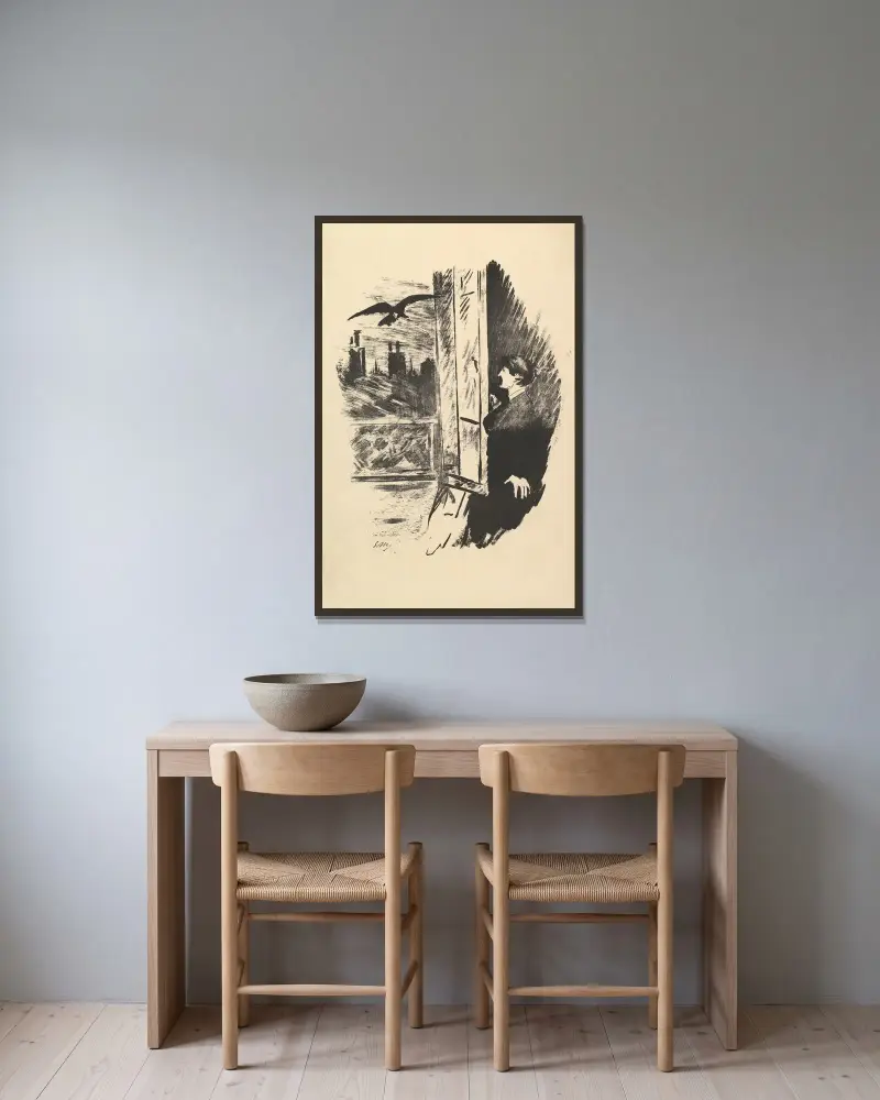 Här slog jag upp fönsterluckan. Illustration till Korpen av Edgar Allan Poe av Édouard Manet inramad på en vägg