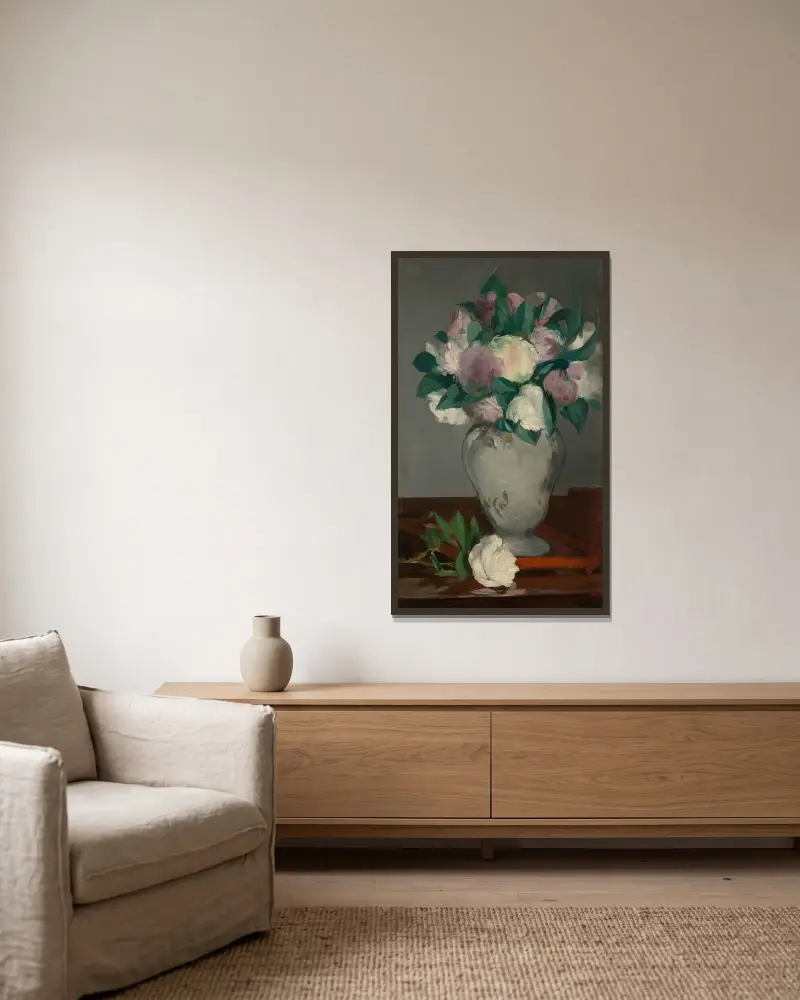 Peonies av Édouard Manet inramad på en vägg
